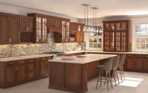 Spacious kitchen with wooden cabinets and island.