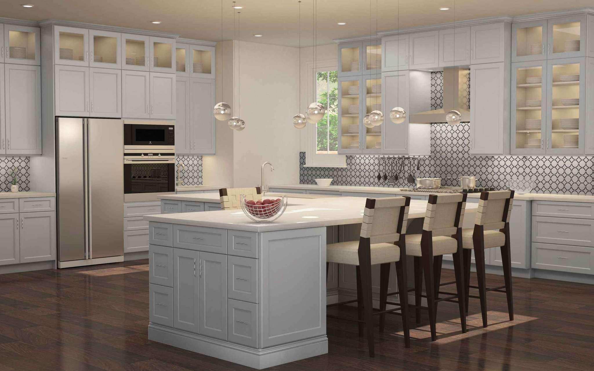 Modern kitchen with island and hanging lights