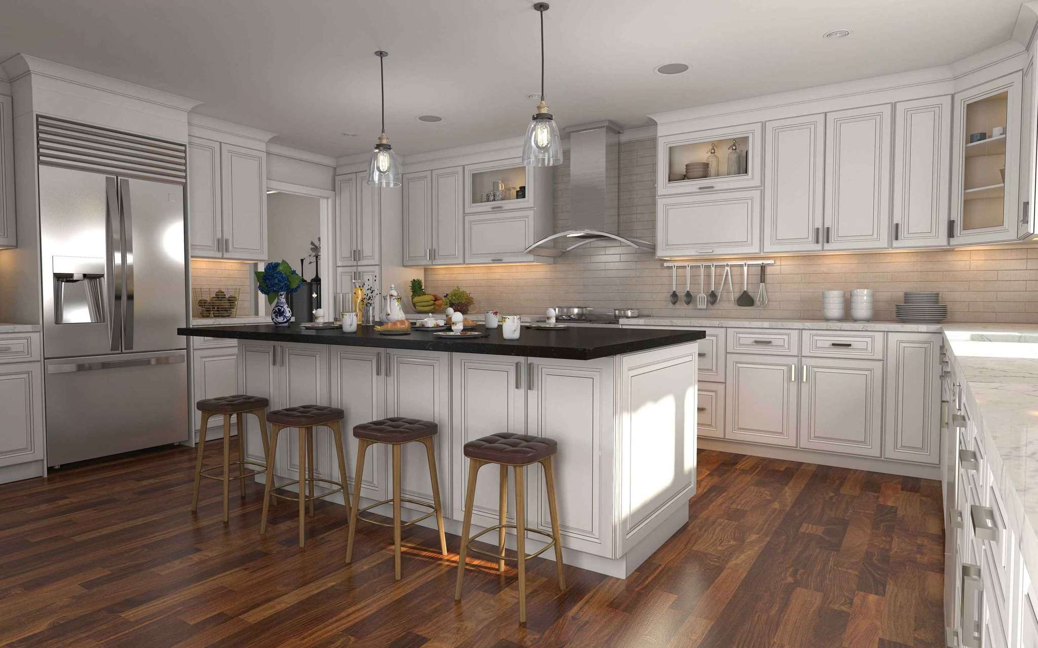 Modern kitchen interior with island and seating.