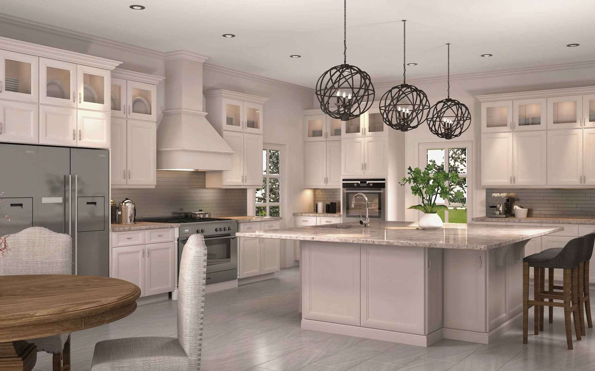 Modern kitchen with island and globe lights.