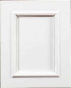 White cabinet door with decorative frame design.