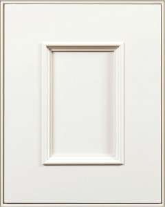 White framed cabinet door with decorative molding.