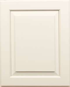 Cream kitchen cabinet door with beveled edges.