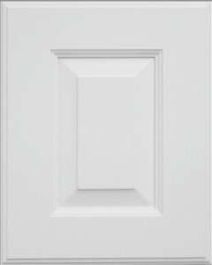 White cabinet door with decorative panel design.